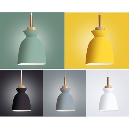 Lámpara colgante tipo vaso con detalle de madera