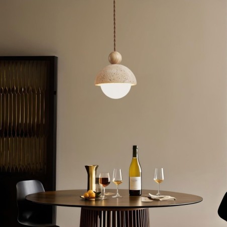 Lámpara colgante de travertino y madera
