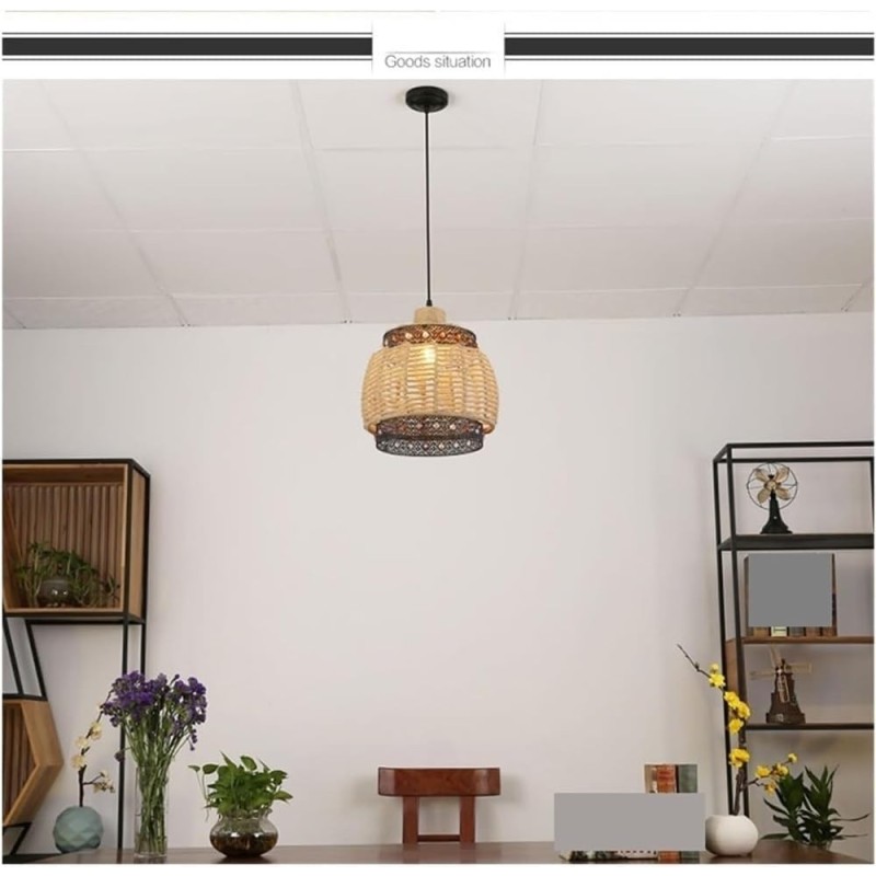 Lámpara colgante de yute y detalle negro