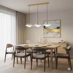 Lámpara colgante triple detalle madera